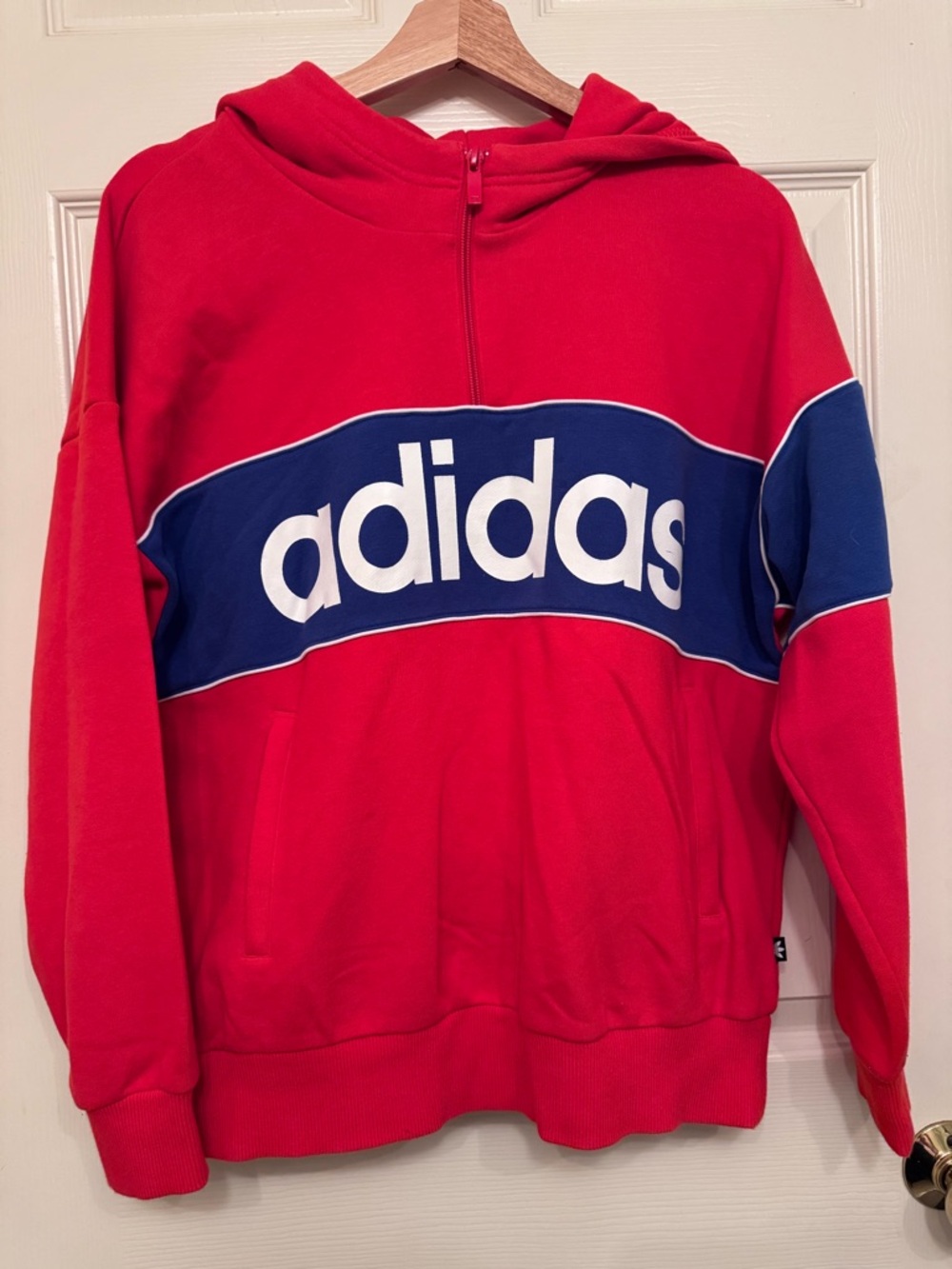 adidas Red Hoodie with Blue Chest Panel and White Logo
